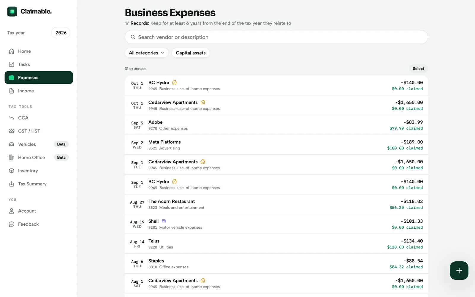The expenses ledger, each row filed to a numbered T2125 line