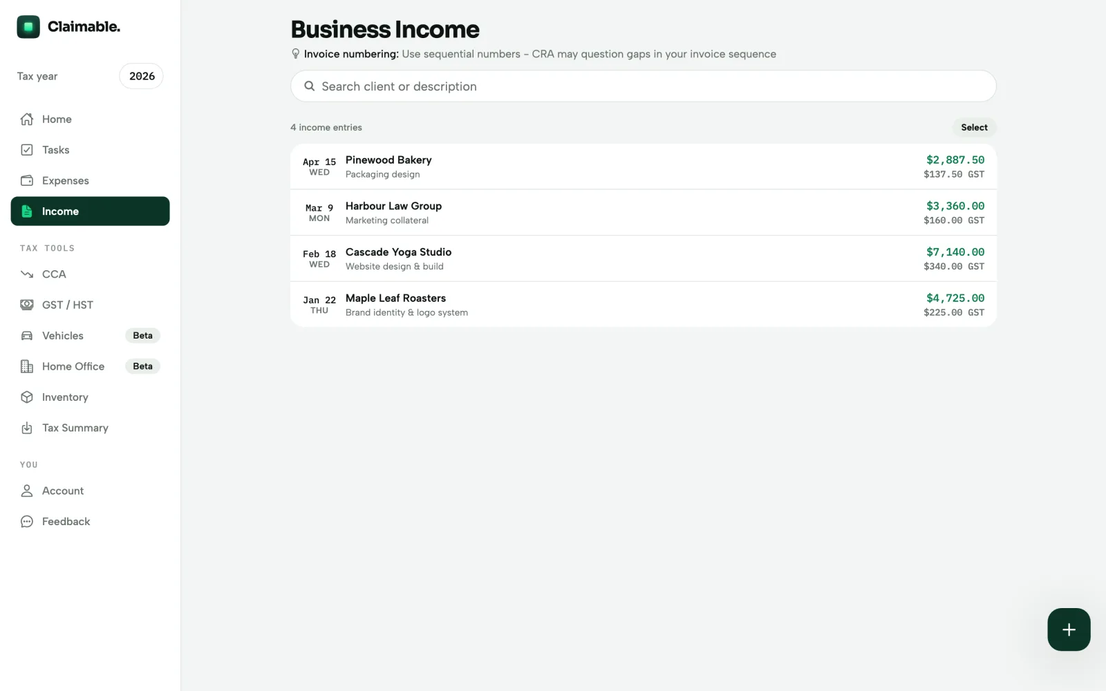 The income ledger, each payment with the GST collected on it