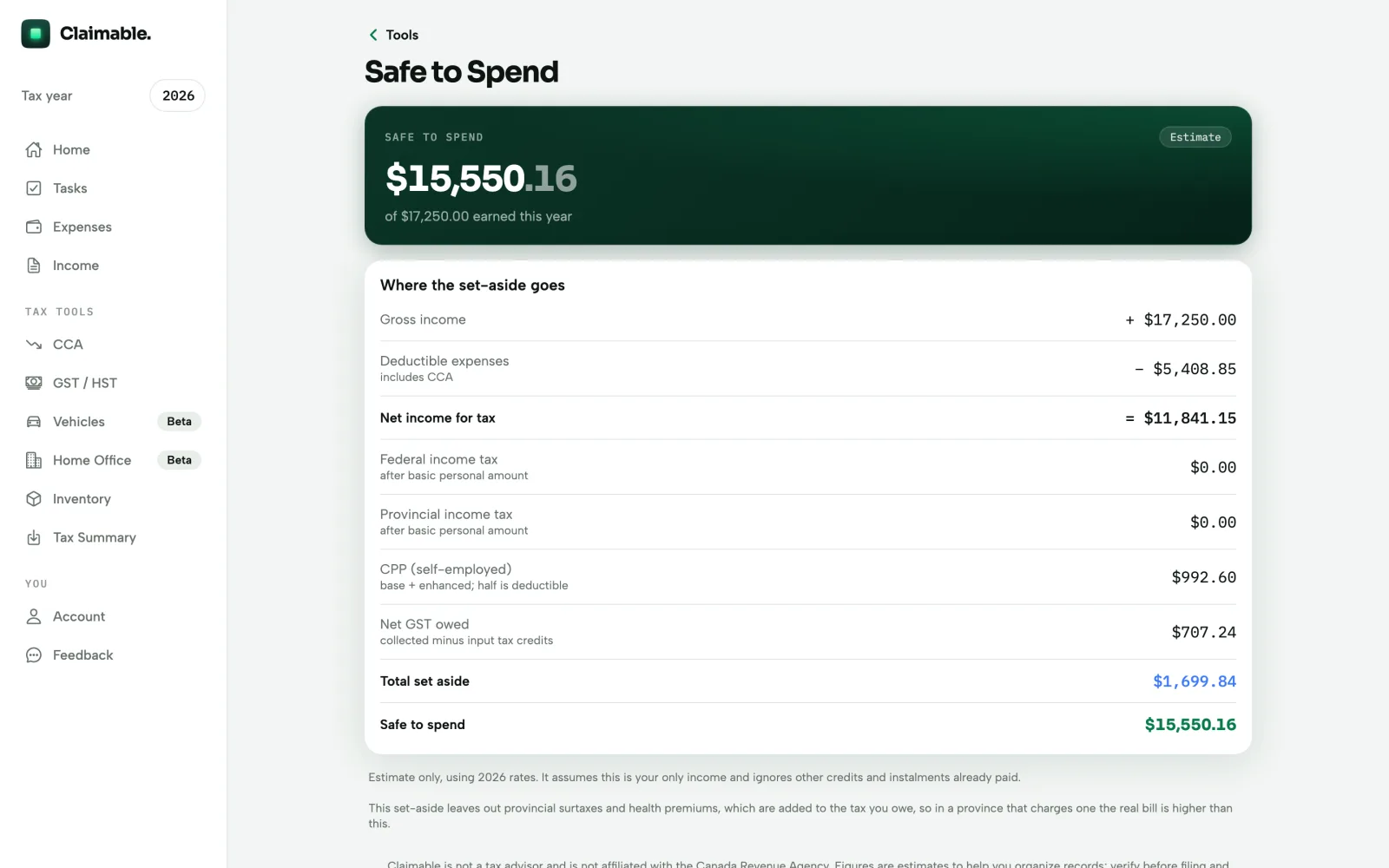 Safe to Spend, breaking earnings into income tax, CPP, net GST and what is left
