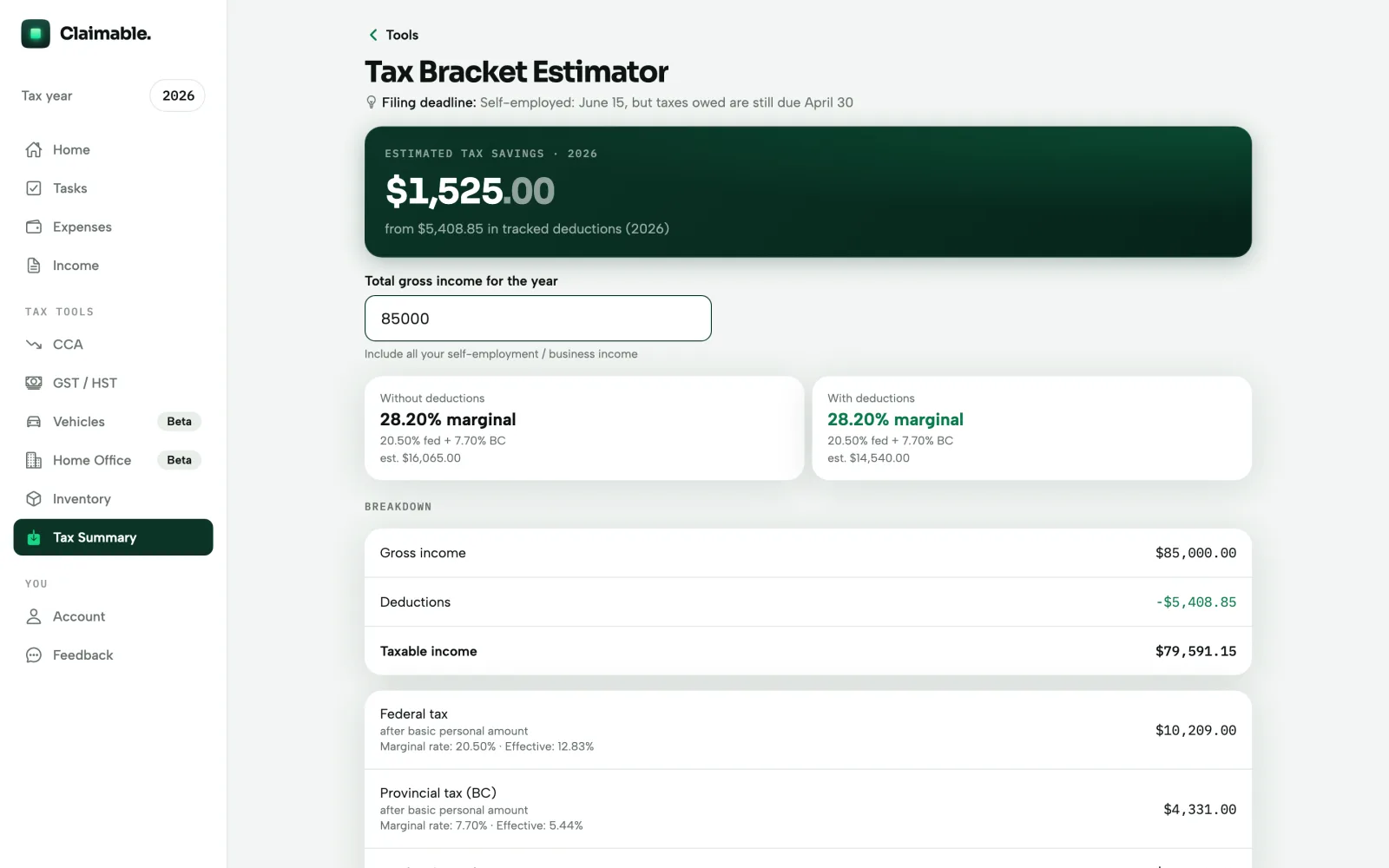 The tax summary, comparing tax with and without tracked deductions