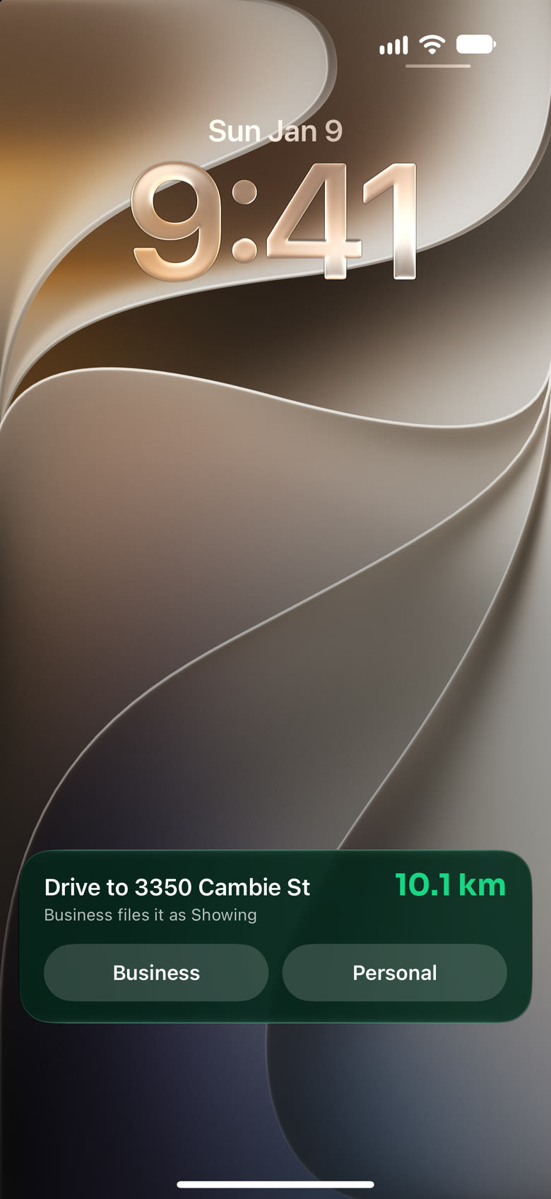 The Lock Screen card for a finished drive, asking whether it was business or personal